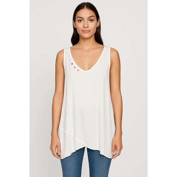 Hailey Lyn White Flowy Sleeveless V-Neck Top w/ Asymmetrical Hem, M - Picture 1 of 8